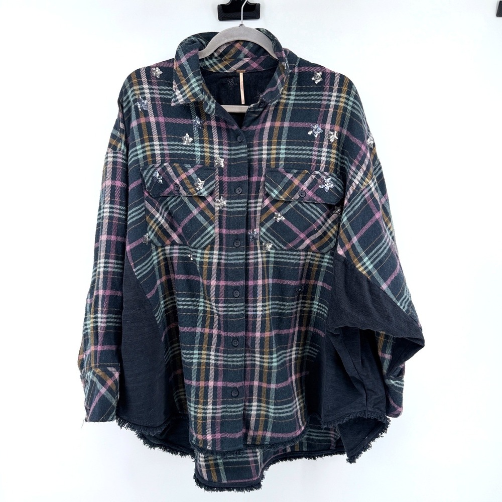 Free People Constellations in Plaid Sequin Star S Black Oversized Women Shacket